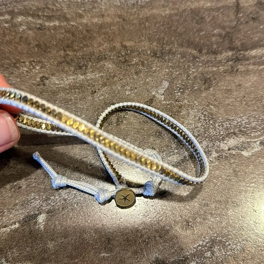 Better Way Sue white gray waxed rope/gold bead adjustable wrap bracelet. NWT.